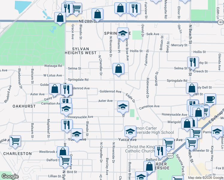map of restaurants, bars, coffee shops, grocery stores, and more near 1901 North Riverside Drive in Fort Worth