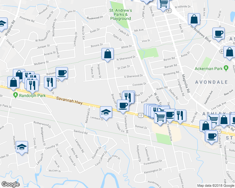 map of restaurants, bars, coffee shops, grocery stores, and more near 641 Wantoot Blvd in Charleston