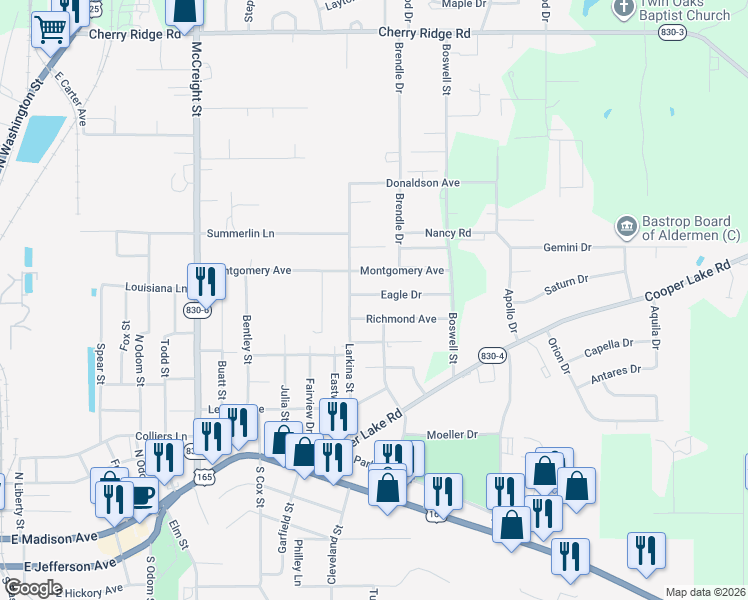 map of restaurants, bars, coffee shops, grocery stores, and more near 1610 Eagle Drive in Bastrop