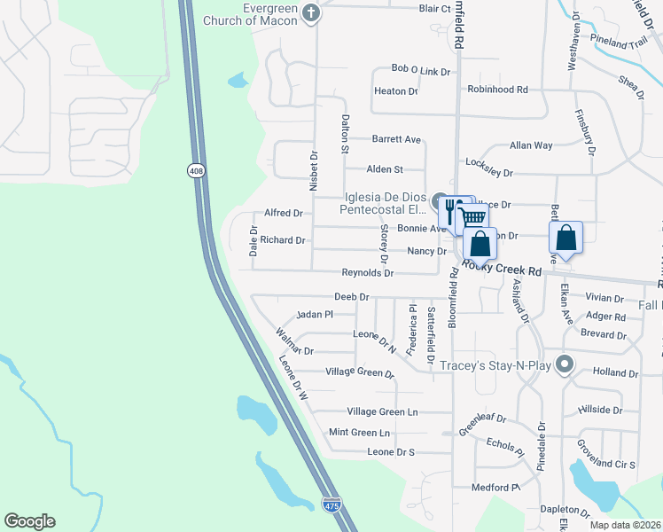 map of restaurants, bars, coffee shops, grocery stores, and more near 2833 Reynolds Drive in Macon