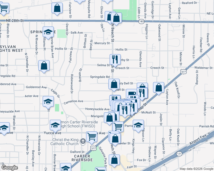 map of restaurants, bars, coffee shops, grocery stores, and more near 3824 Rusty Dell Street in Fort Worth