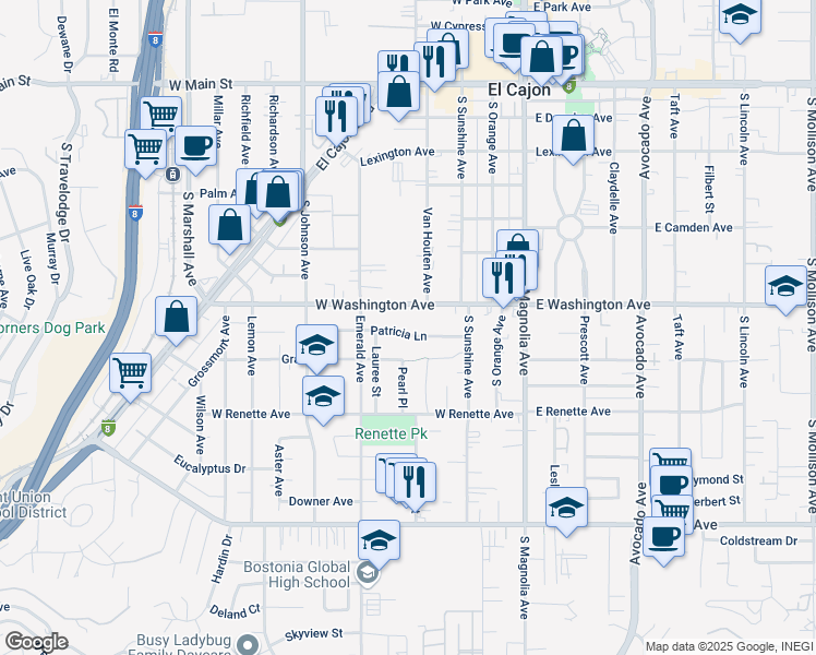 map of restaurants, bars, coffee shops, grocery stores, and more near 422 Patricia Lane in El Cajon