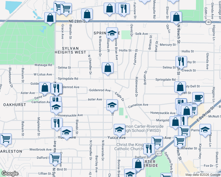 map of restaurants, bars, coffee shops, grocery stores, and more near 1925 Eagle Drive in Fort Worth