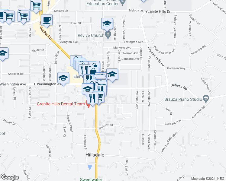 map of restaurants, bars, coffee shops, grocery stores, and more near 1545 East Washington Avenue in El Cajon