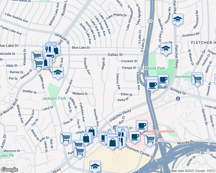 map of restaurants, bars, coffee shops, grocery stores, and more near 5935 Sarita Street in La Mesa