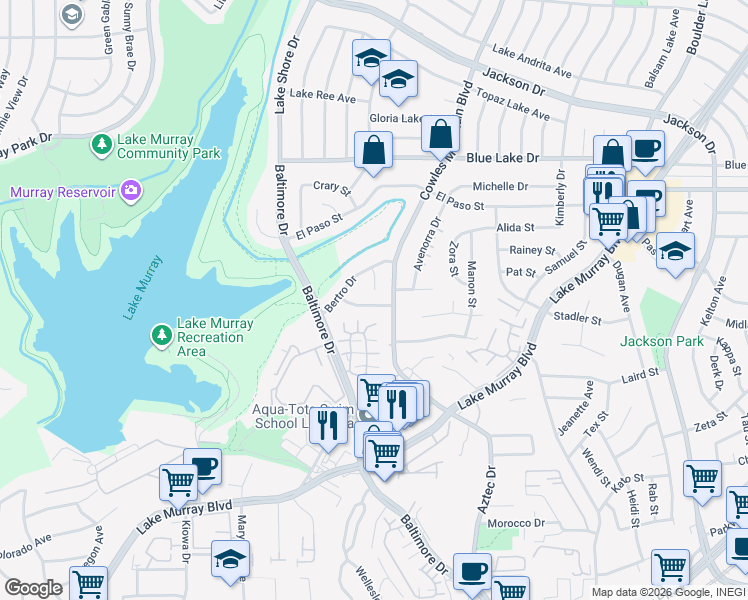map of restaurants, bars, coffee shops, grocery stores, and more near 7630 Torrem Street in La Mesa