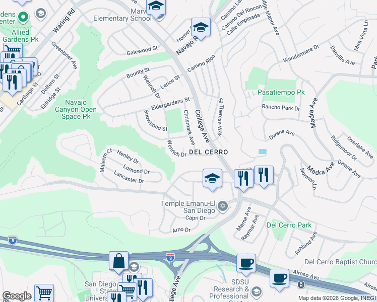 map of restaurants, bars, coffee shops, grocery stores, and more near 6026 Chrismark Avenue in San Diego