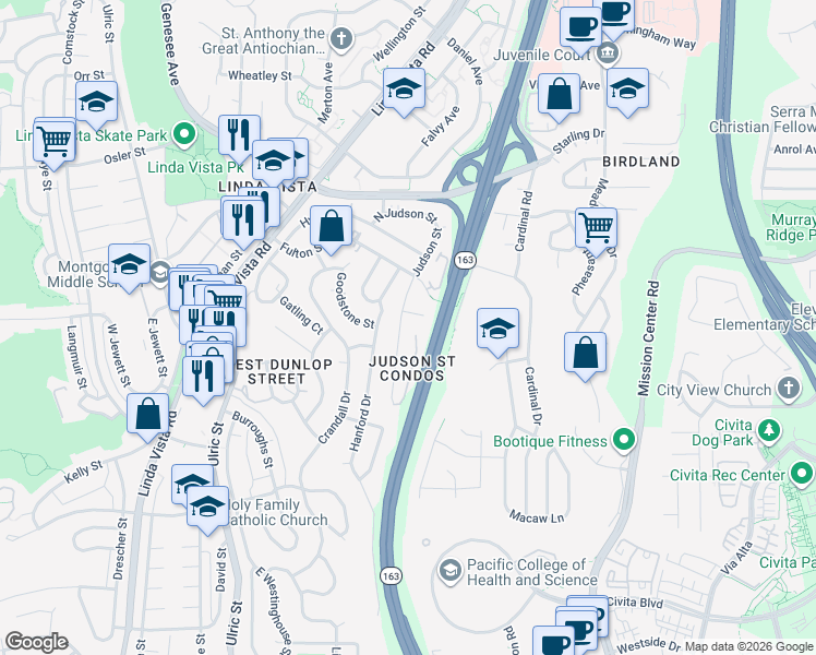 map of restaurants, bars, coffee shops, grocery stores, and more near 2371 Judson Street in San Diego