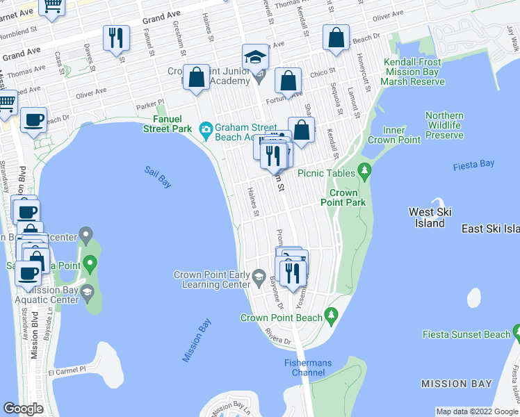 map of restaurants, bars, coffee shops, grocery stores, and more near 3705 Haines Street in San Diego