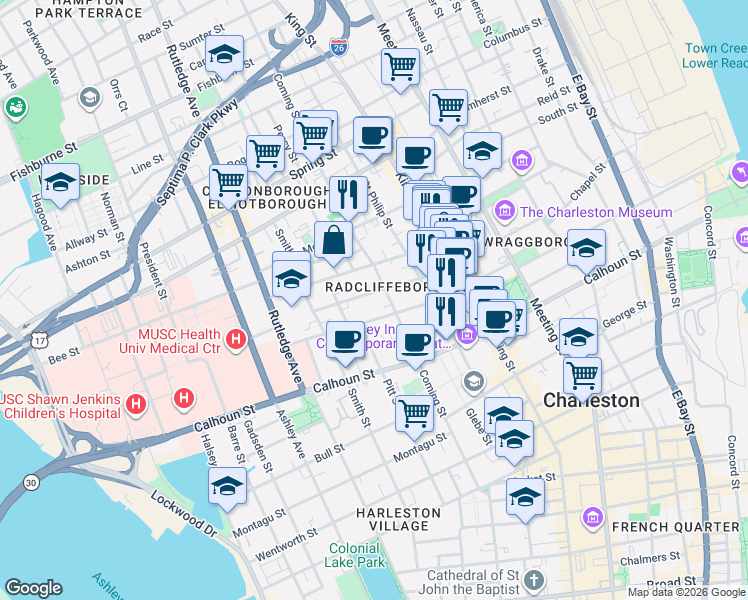 map of restaurants, bars, coffee shops, grocery stores, and more near in Charleston
