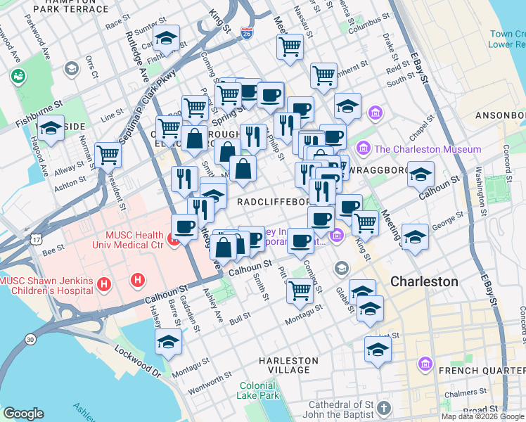 map of restaurants, bars, coffee shops, grocery stores, and more near 16 Thomas Street in Charleston