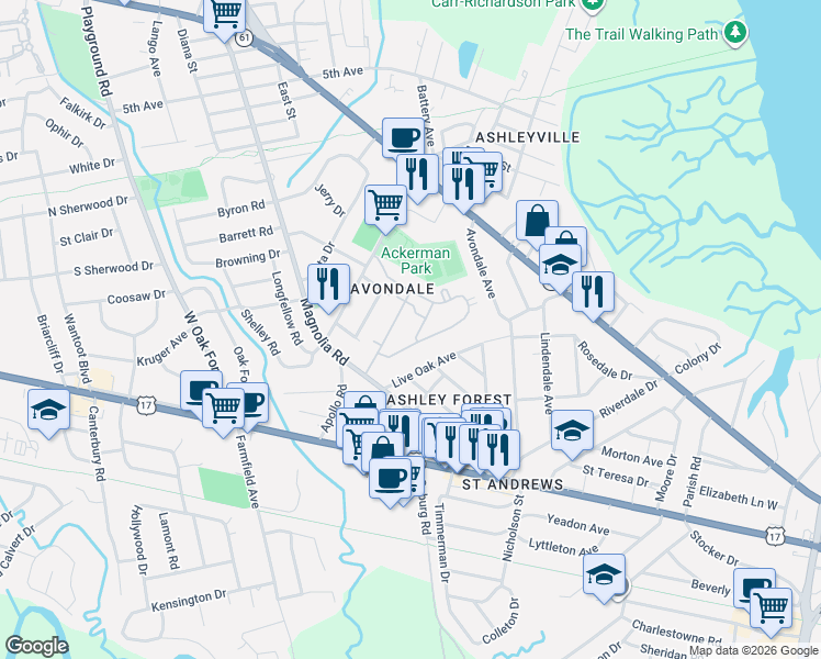 map of restaurants, bars, coffee shops, grocery stores, and more near 45 Sycamore Avenue in Charleston