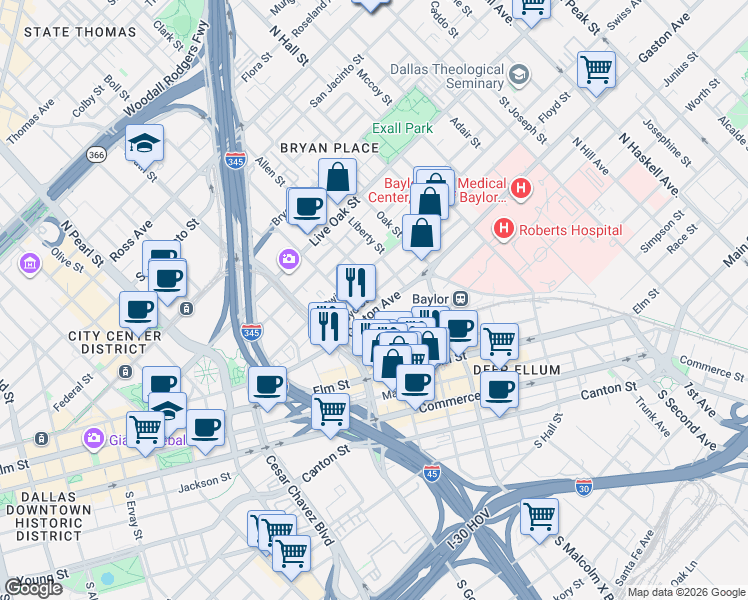 map of restaurants, bars, coffee shops, grocery stores, and more near 2801 Gaston Avenue in Dallas