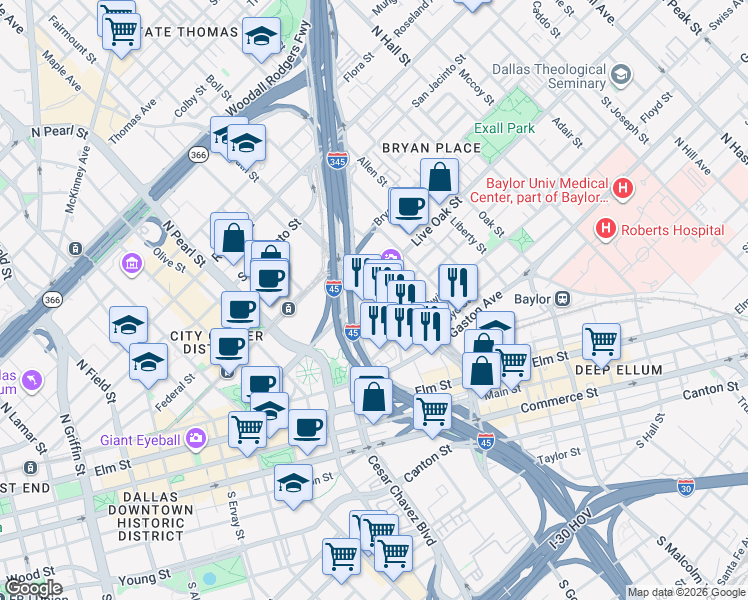 map of restaurants, bars, coffee shops, grocery stores, and more near 2502 Live Oak Street in Dallas