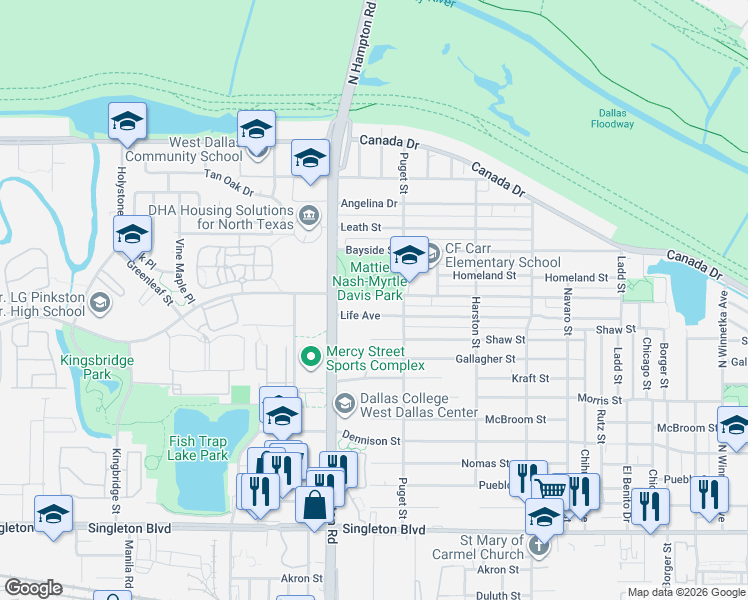 map of restaurants, bars, coffee shops, grocery stores, and more near 2036 Bickers Street in Dallas