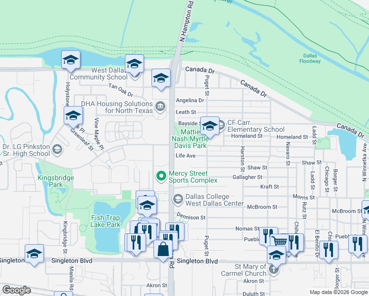 map of restaurants, bars, coffee shops, grocery stores, and more near 2036 Bickers Street in Dallas