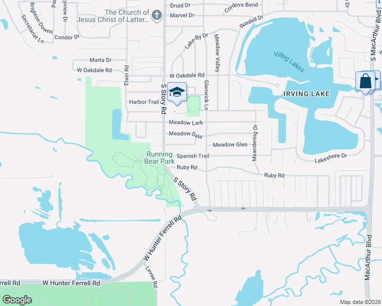 map of restaurants, bars, coffee shops, grocery stores, and more near 2225 Spanish Trail in Irving