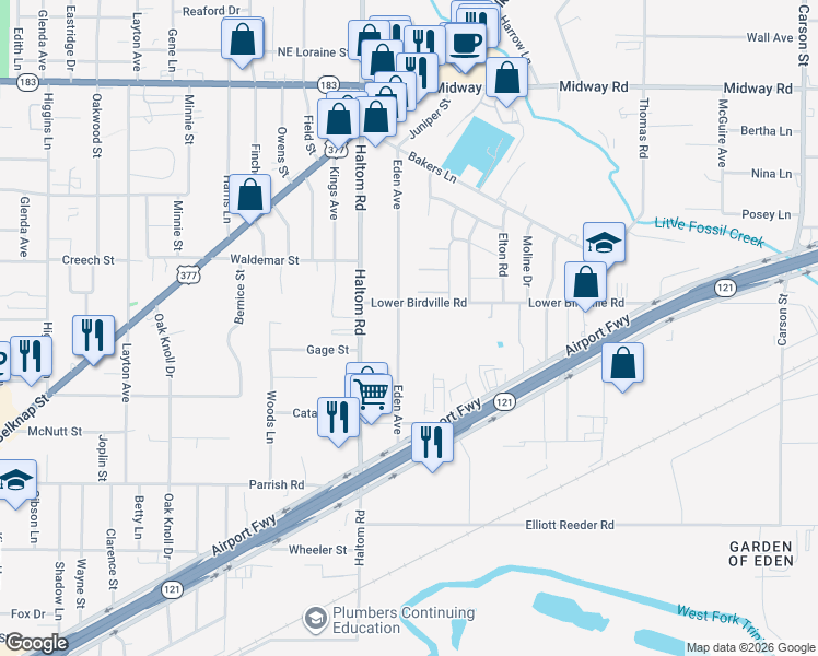 map of restaurants, bars, coffee shops, grocery stores, and more near 1941 Eden Avenue in Fort Worth