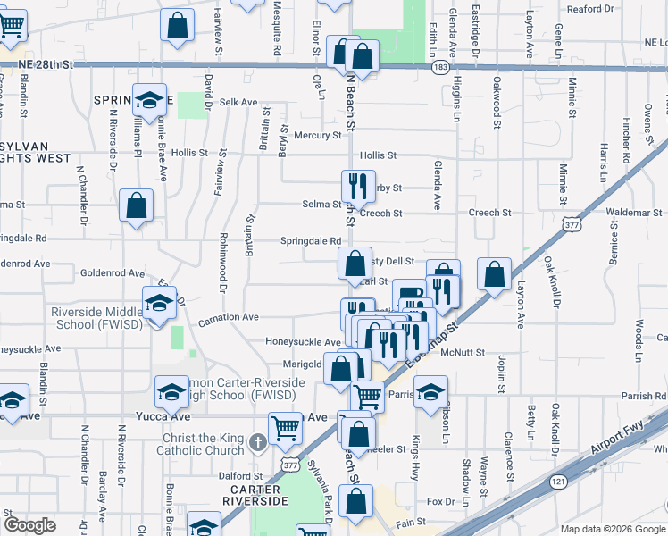 map of restaurants, bars, coffee shops, grocery stores, and more near 3824 Rusty Dell Street in Fort Worth