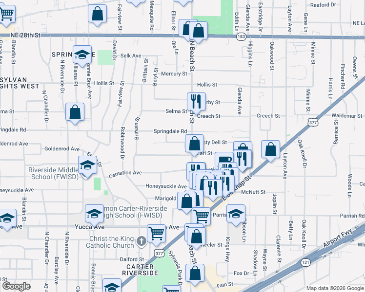 map of restaurants, bars, coffee shops, grocery stores, and more near 3824 Rusty Dell Street in Fort Worth