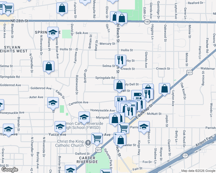 map of restaurants, bars, coffee shops, grocery stores, and more near 3824 Rusty Dell Street in Fort Worth