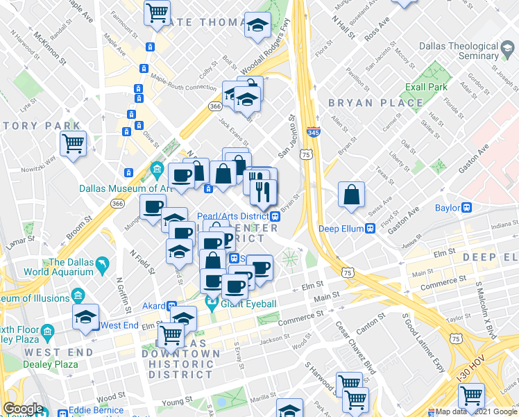 map of restaurants, bars, coffee shops, grocery stores, and more near 701 North Pearl Street in Dallas