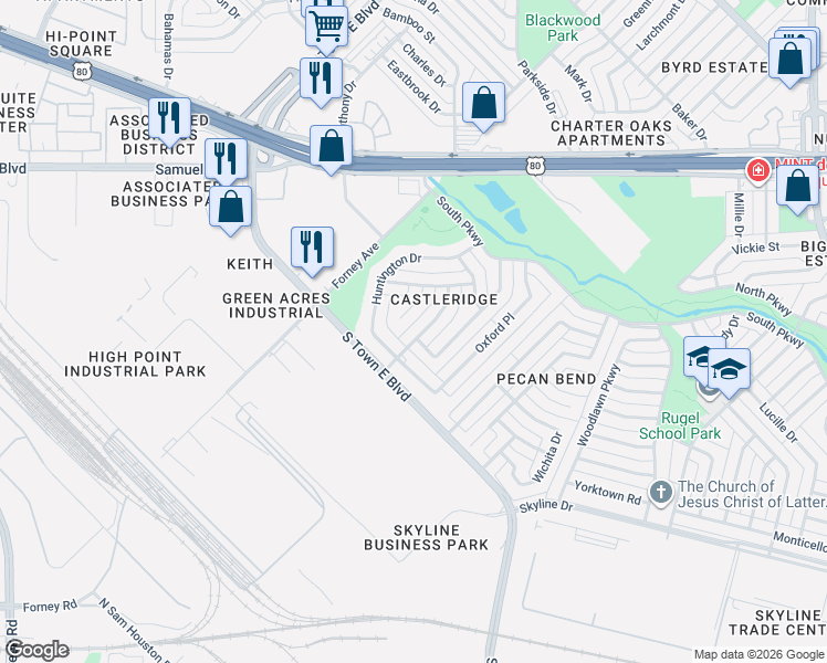 map of restaurants, bars, coffee shops, grocery stores, and more near 1407 Bradford Place in Mesquite