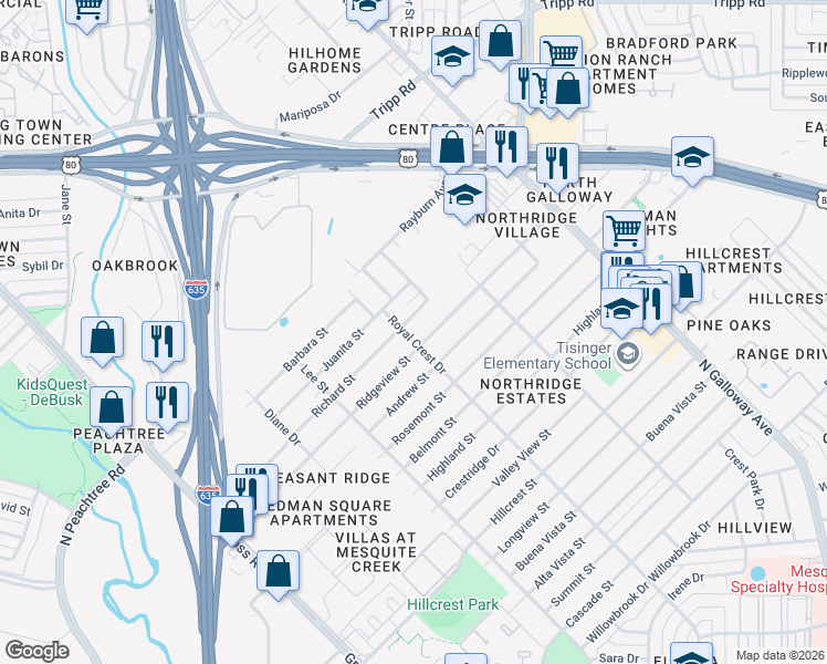 map of restaurants, bars, coffee shops, grocery stores, and more near 1502 Richard Street in Mesquite