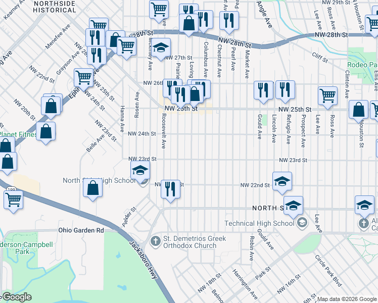 map of restaurants, bars, coffee shops, grocery stores, and more near 2307 Loving Avenue in Fort Worth