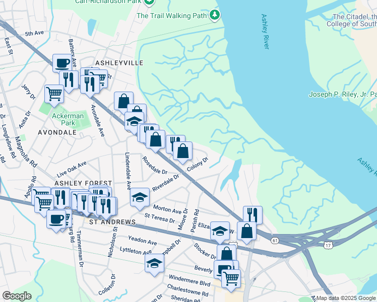 map of restaurants, bars, coffee shops, grocery stores, and more near 832 Colony Drive in Charleston