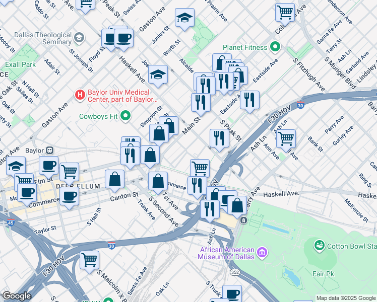 map of restaurants, bars, coffee shops, grocery stores, and more near 4002 South Hill Avenue in Dallas