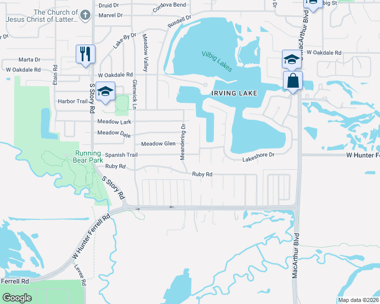 map of restaurants, bars, coffee shops, grocery stores, and more near 1925 Spanish Trail in Irving