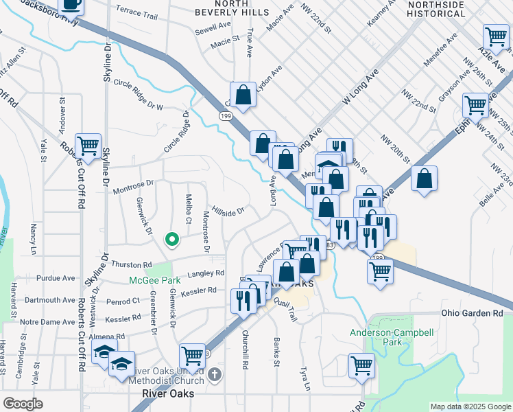 map of restaurants, bars, coffee shops, grocery stores, and more near 1620 Woodlawn Street in River Oaks