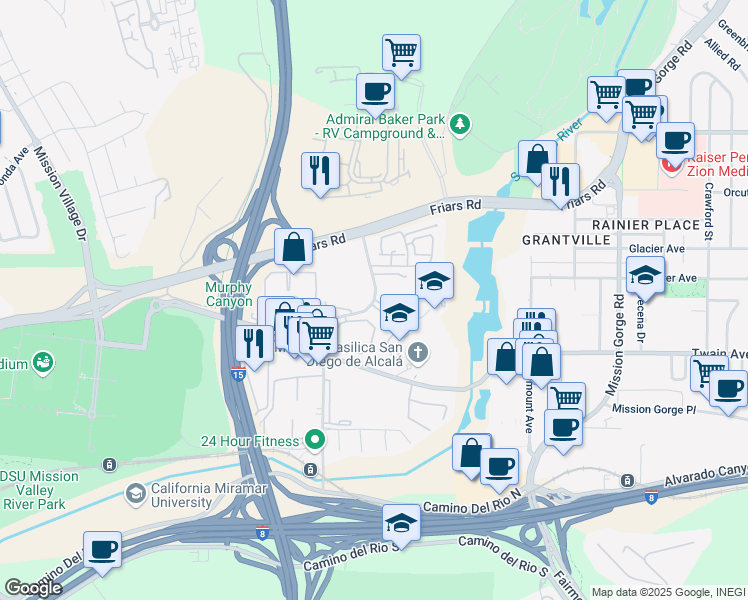 map of restaurants, bars, coffee shops, grocery stores, and more near 6255 Rancho Mission Road in San Diego