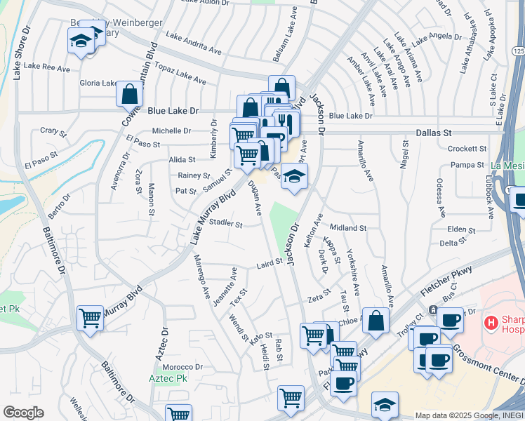 map of restaurants, bars, coffee shops, grocery stores, and more near 5925 Dugan Avenue in La Mesa