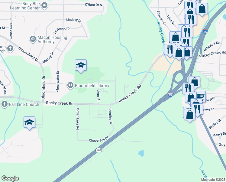 map of restaurants, bars, coffee shops, grocery stores, and more near 4141 Southview Dr in Macon
