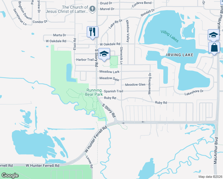 map of restaurants, bars, coffee shops, grocery stores, and more near 2225 Spanish Trail in Irving