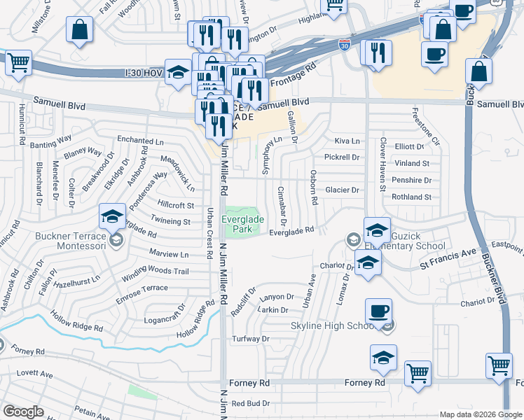 map of restaurants, bars, coffee shops, grocery stores, and more near 6123 Symphony Ln in Dallas