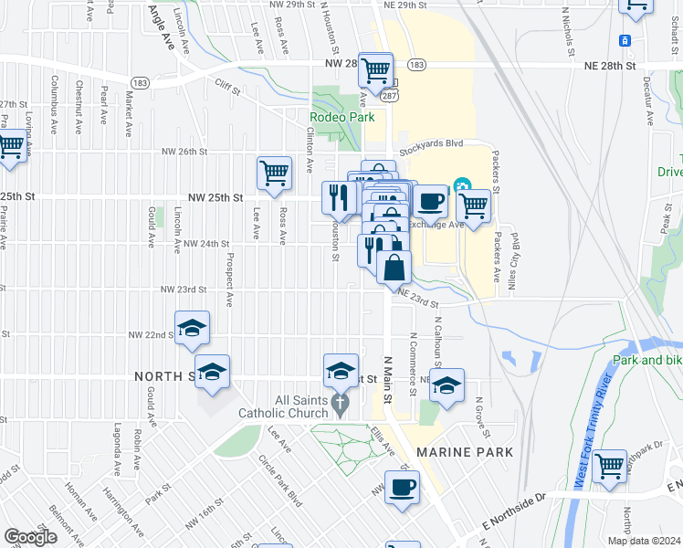 map of restaurants, bars, coffee shops, grocery stores, and more near 2308 North Houston Street in Fort Worth
