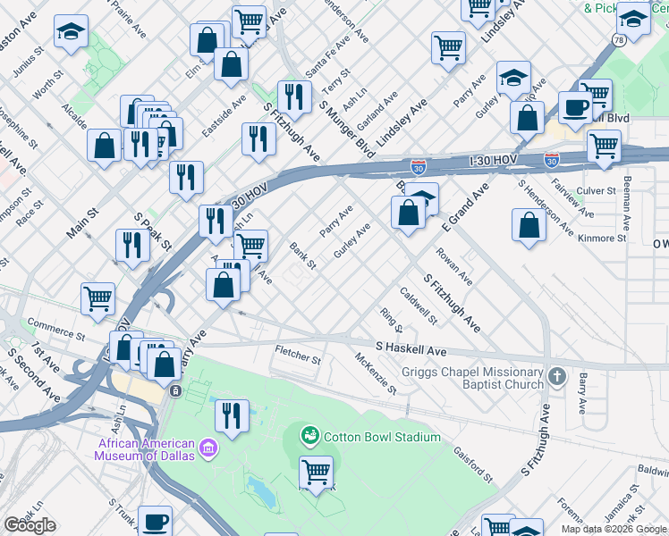 map of restaurants, bars, coffee shops, grocery stores, and more near 4611 Gurley Avenue in Dallas