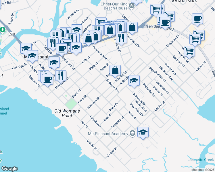 map of restaurants, bars, coffee shops, grocery stores, and more near 632 Atlantic Street in Mount Pleasant