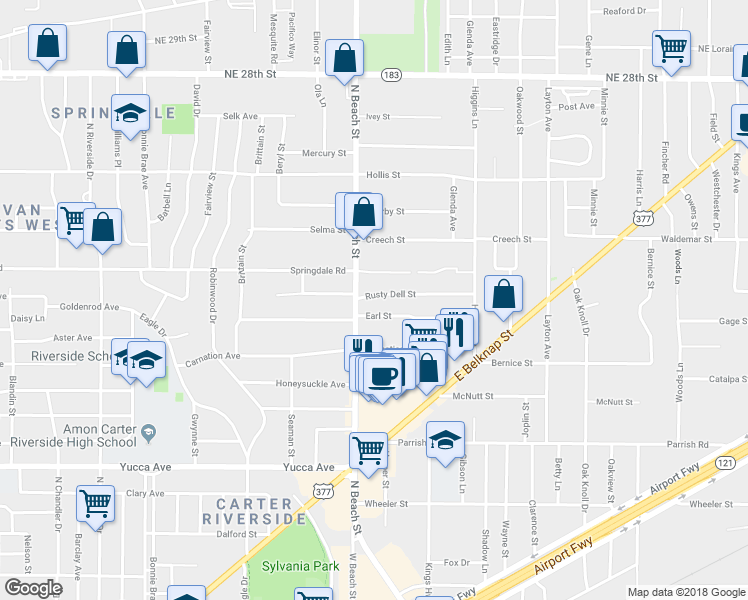 map of restaurants, bars, coffee shops, grocery stores, and more near 3908 Rusty Dell Street in Haltom City