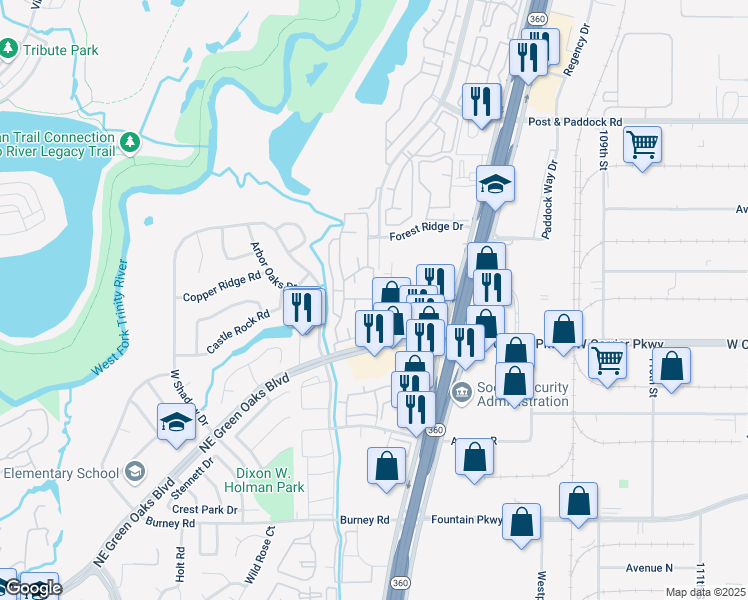 map of restaurants, bars, coffee shops, grocery stores, and more near 2808 Forest Point Dr in Arlington