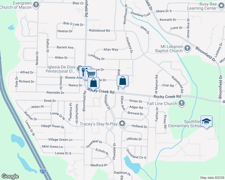 map of restaurants, bars, coffee shops, grocery stores, and more near 2537 Rocky Creek Road in Macon