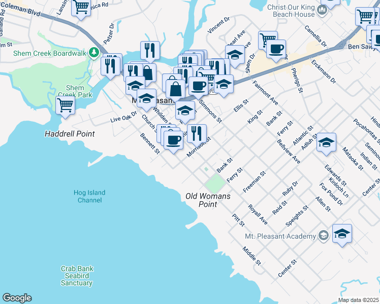map of restaurants, bars, coffee shops, grocery stores, and more near 320 Morrison Street in Mount Pleasant