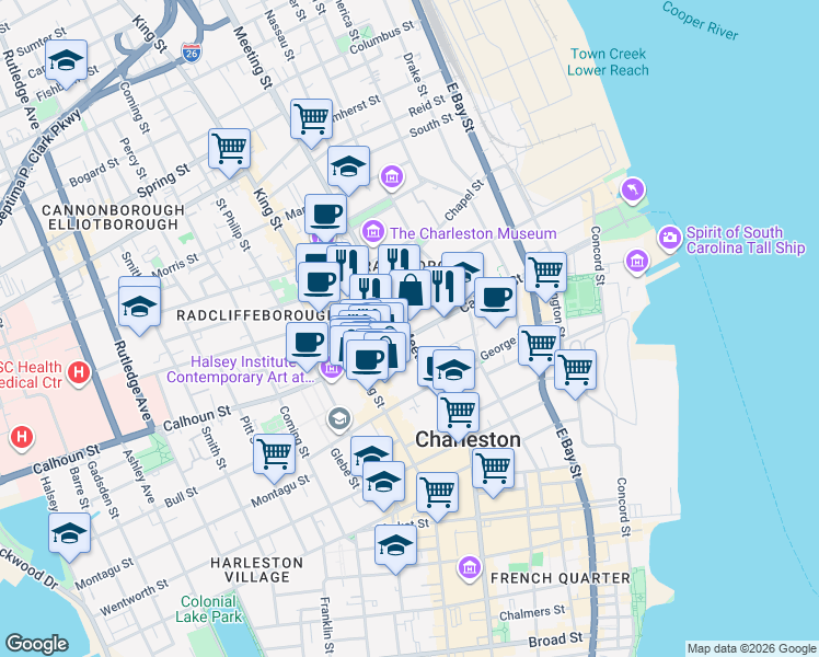 map of restaurants, bars, coffee shops, grocery stores, and more near 128 Calhoun Street in Charleston