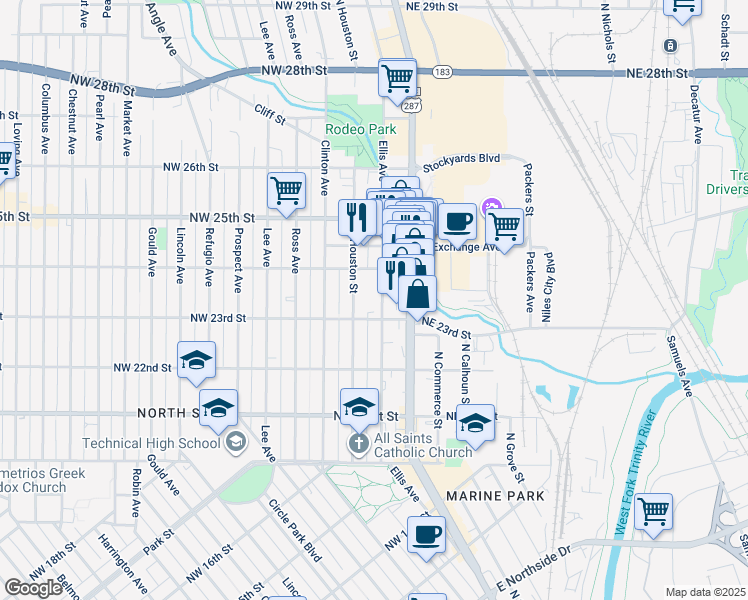 map of restaurants, bars, coffee shops, grocery stores, and more near 2308 North Houston Street in Fort Worth