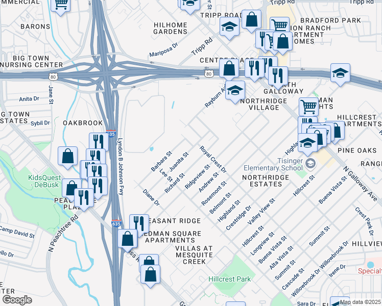 map of restaurants, bars, coffee shops, grocery stores, and more near 1416 Juanita Street in Mesquite