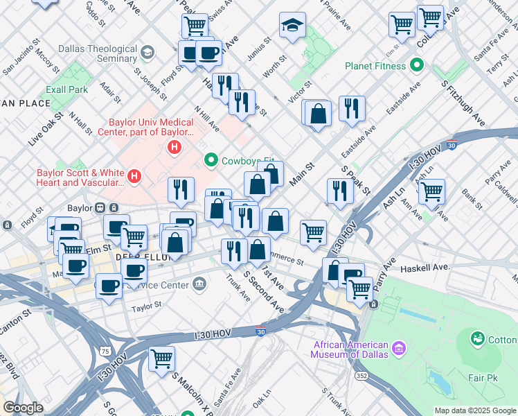 map of restaurants, bars, coffee shops, grocery stores, and more near 3912 Main Street in Dallas