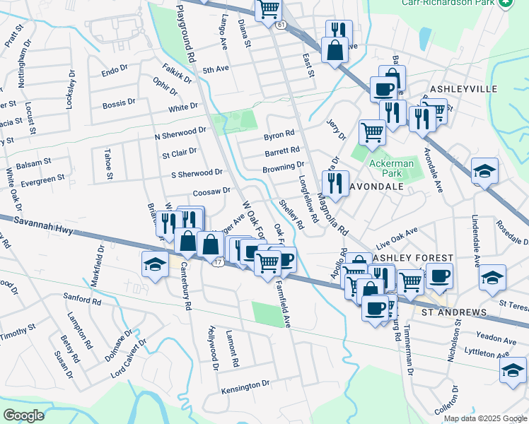 map of restaurants, bars, coffee shops, grocery stores, and more near 31 Oak Forest Drive in Charleston